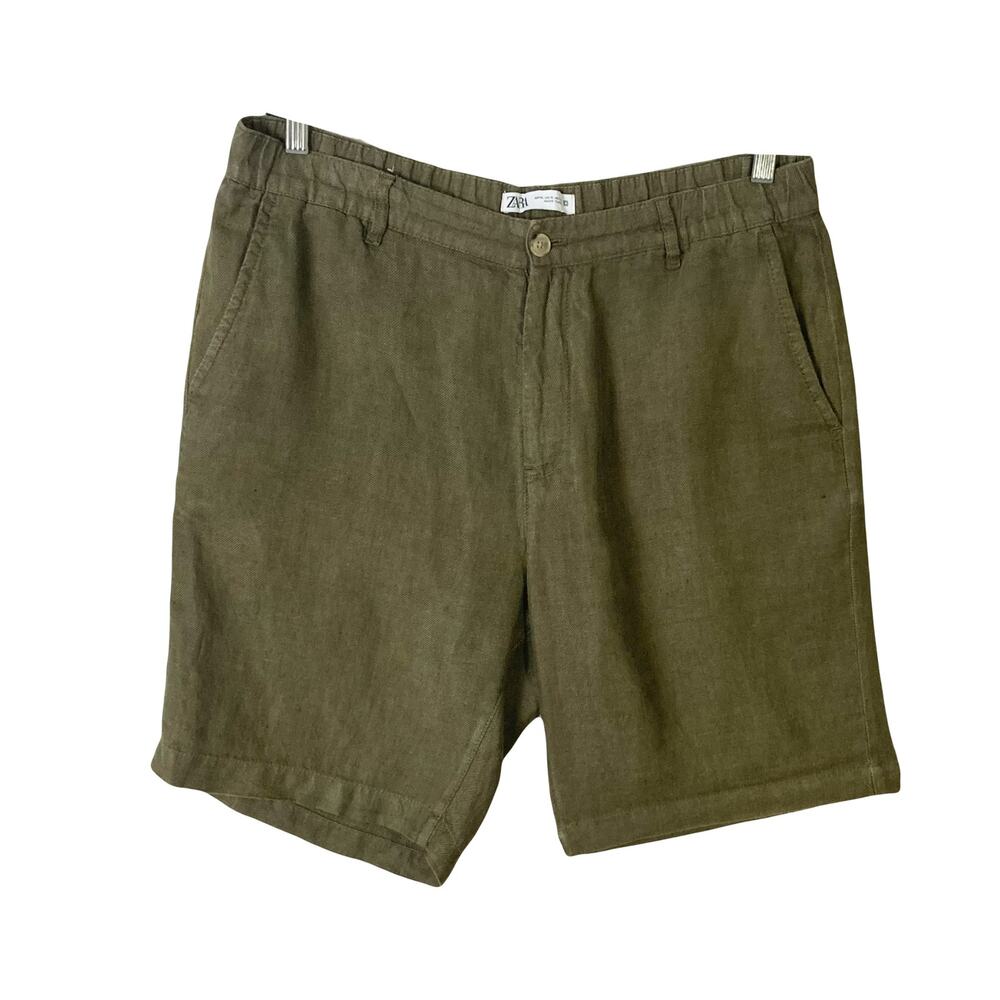 NWOT ZARA Shorts Men XL Green-Brown Linen Textured Zip Pocket Chino-Style